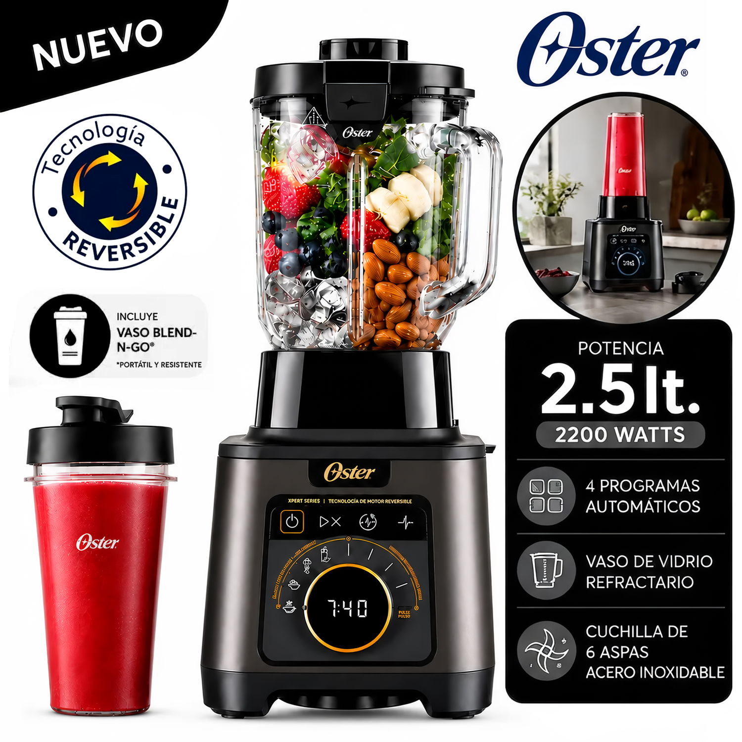 LICUADORA PROFESIONAL TITAN OSTER DE 2200 W CON 4 PROGRAMAS, 5 VELOCIDADES BLSTXT-XG - 1