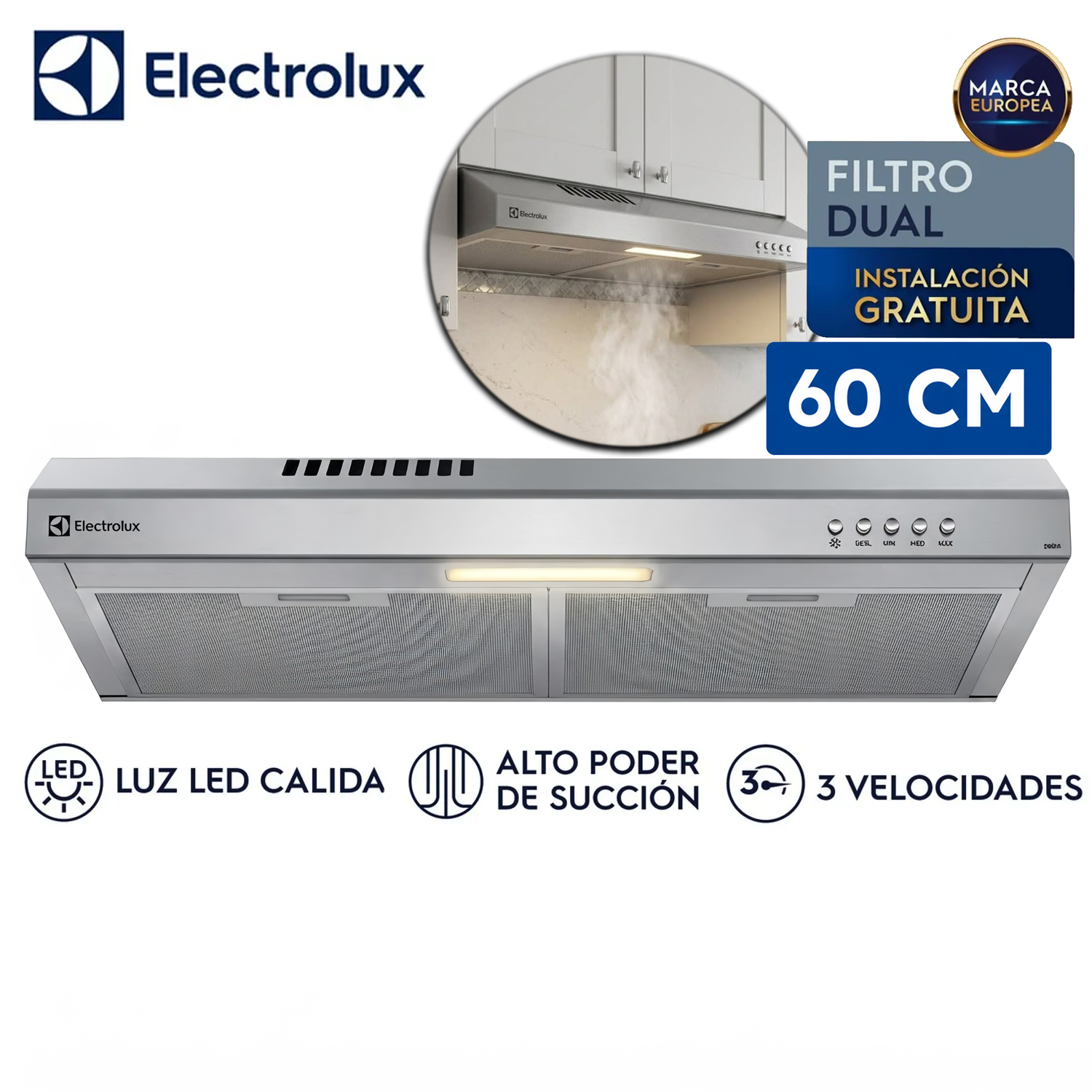 CAMPANA EXTRACTORA ELECTROLUX 60CM ALTO PODER DE SUCCIÓN E ILUMINACIÓN LED INOX DE6SS - 1