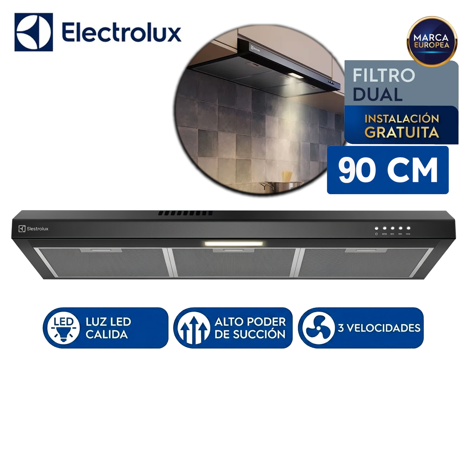 CAMPANA EXTRACTORA ELECTROLUX 90CM ALTO PODER DE SUCCIÓN E ILUMINACIÓN LED NEGRA DE9SB - 1