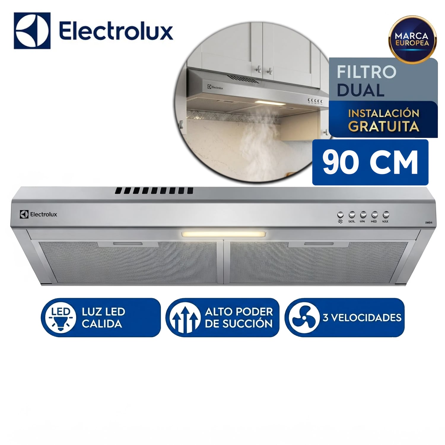 CAMPANA EXTRACTORA ELECTROLUX 90CM ALTO PODER DE SUCCIÓN E ILUMINACIÓN LED INOX DE9SS - 1