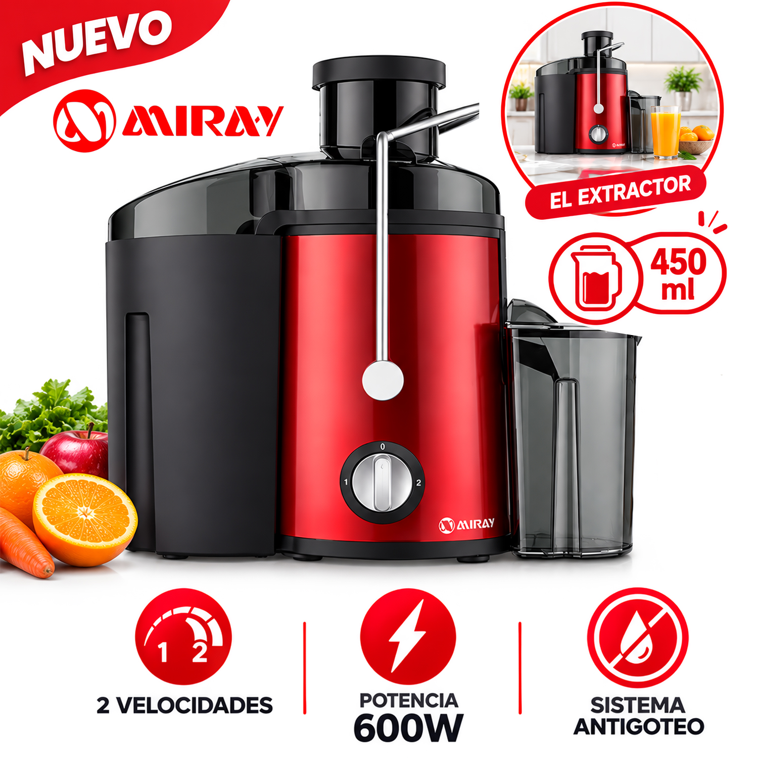 EXTRACTOR DE JUGO MIRAY EM-42 ROJO 600 WATTS - 1