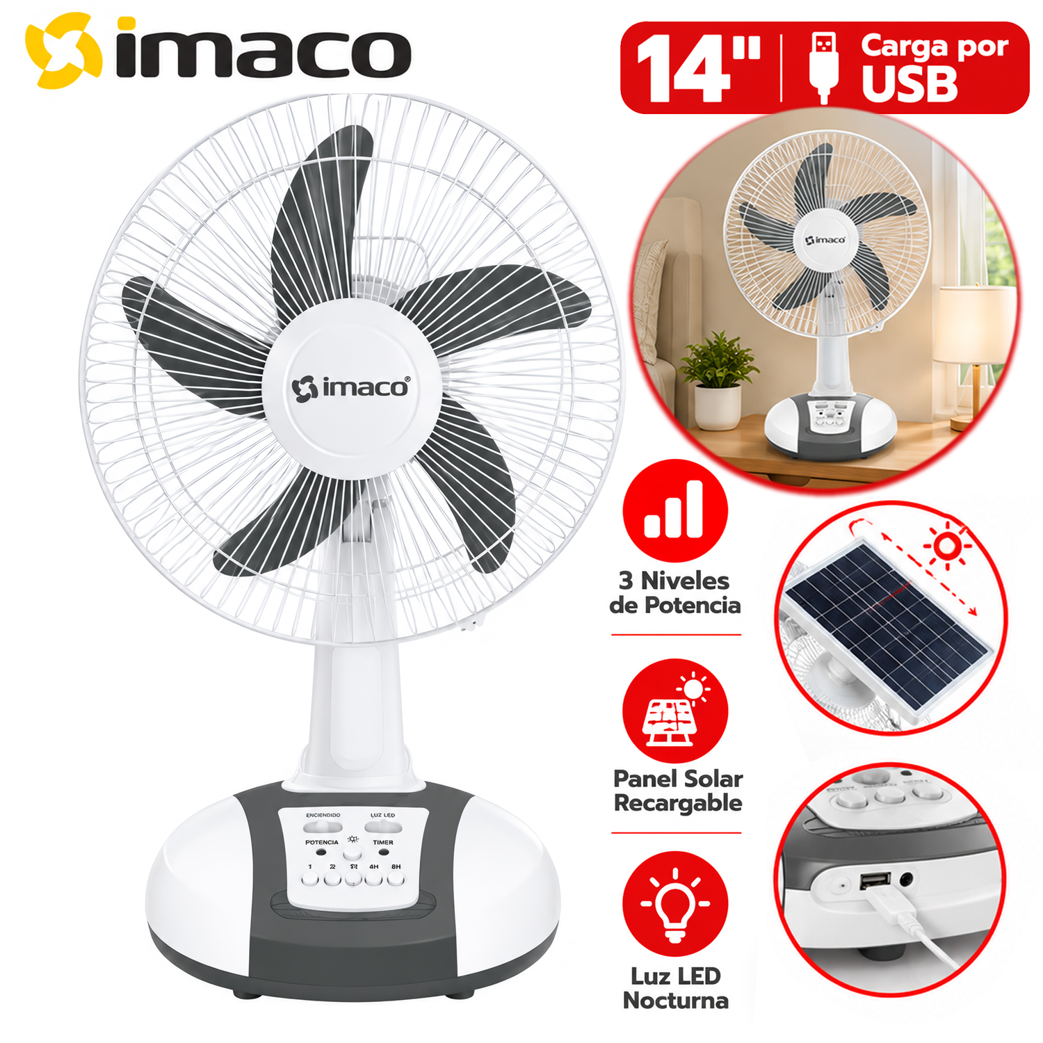 VENTILADOR IMACO 14' SOLAR RECARGABLE DE MESA FAN1418SOL - 1