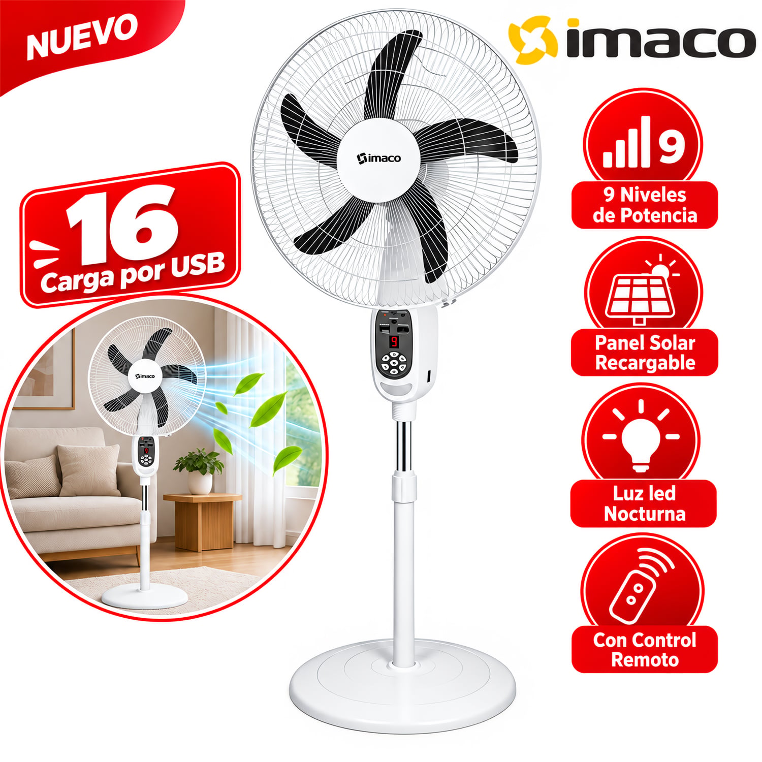 VENTILADOR IMACO 16' SOLAR RECARGABLE DE PEDESTAL FAN1618SOL - 1