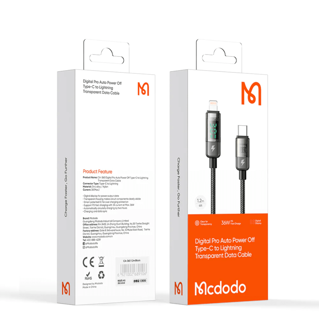 CABLE DE CARGA/DATOS PARA IPHONE MCDODO DIGITAL PRO TIPO-C A LIGHTNING 36W 1.2M AUTOAPAGADO (CA-360) - 2
