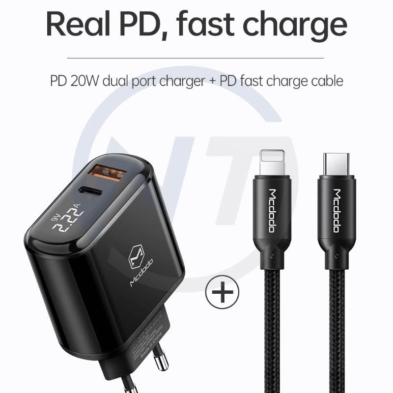 CARGADOR PARA IPHONE 20W MCDODO DOS PUERTOS DE CARGA RAPIDA CON PANEL DIGITAL USB-A Y USB-C (LHC-7171) - 1