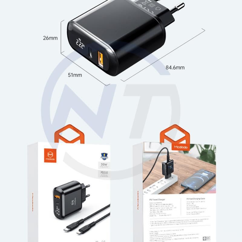 CARGADOR PARA IPHONE 20W MCDODO DOS PUERTOS DE CARGA RAPIDA CON PANEL DIGITAL USB-A Y USB-C (LHC-7171) - 3