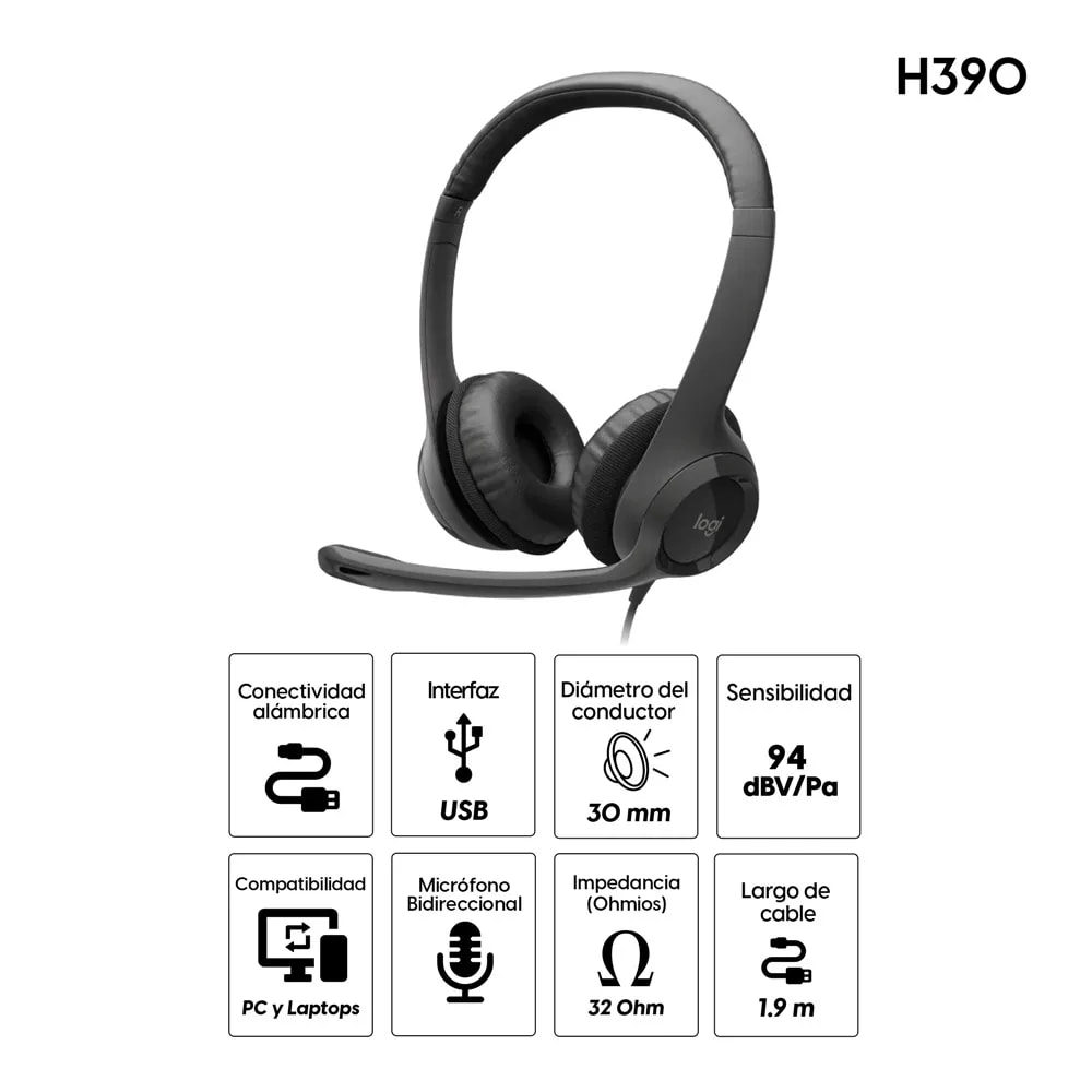AURICULAR CON MICRÓFONO LOGITECH H390 USB NEGRO (981-000014) - 3