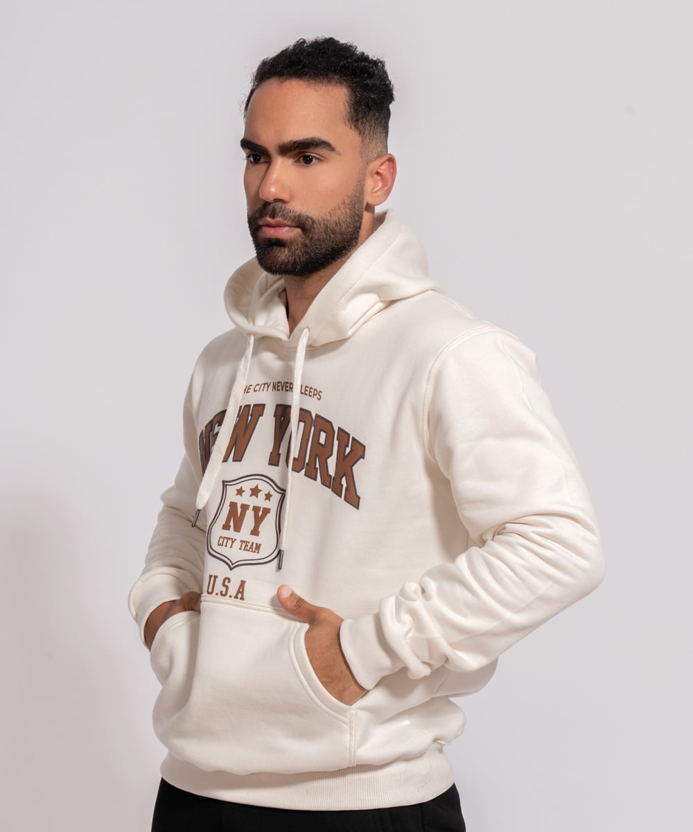 POLERA CON CAPUCHA DE ALGODÓN AFRANELADO NEW YORK CREMA ARCOI - 2