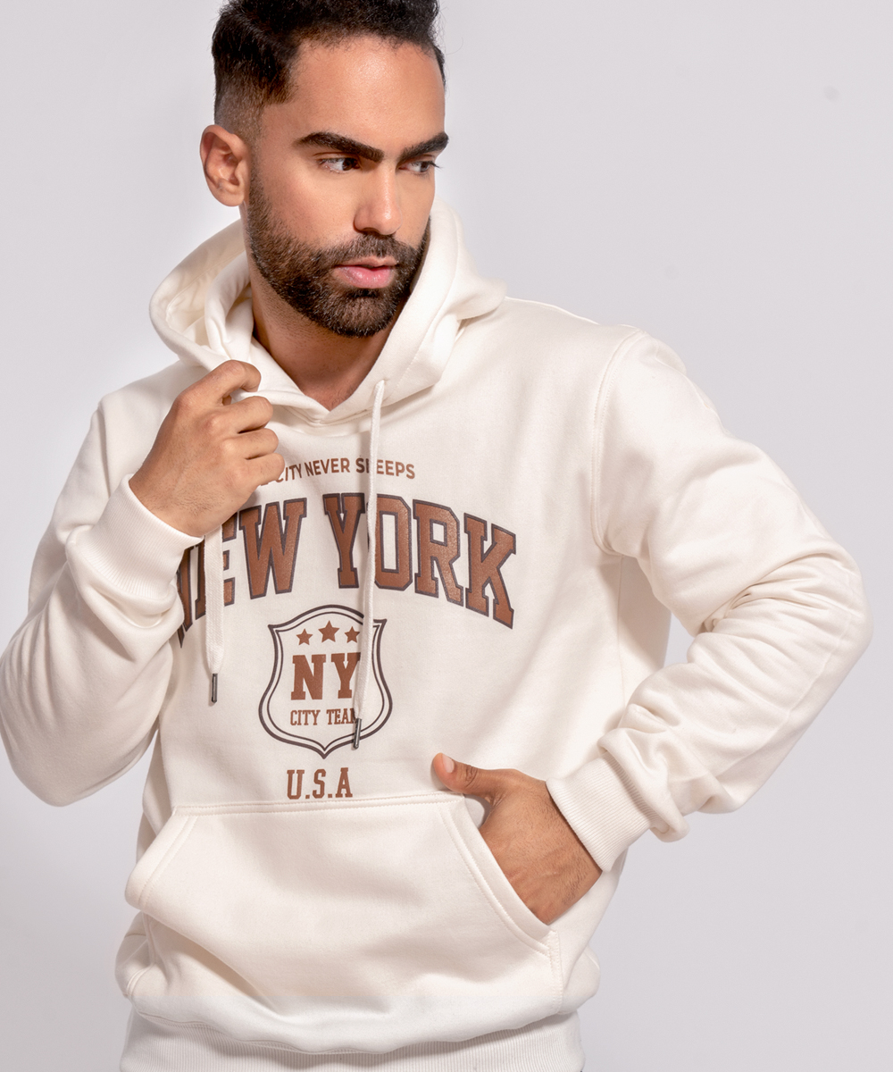 POLERA CON CAPUCHA DE ALGODÓN AFRANELADO NEW YORK CREMA ARCOI - 4