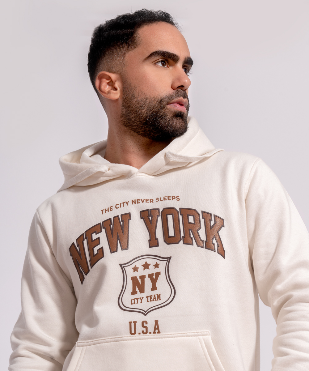 POLERA CON CAPUCHA DE ALGODÓN AFRANELADO NEW YORK CREMA ARCOI - 5