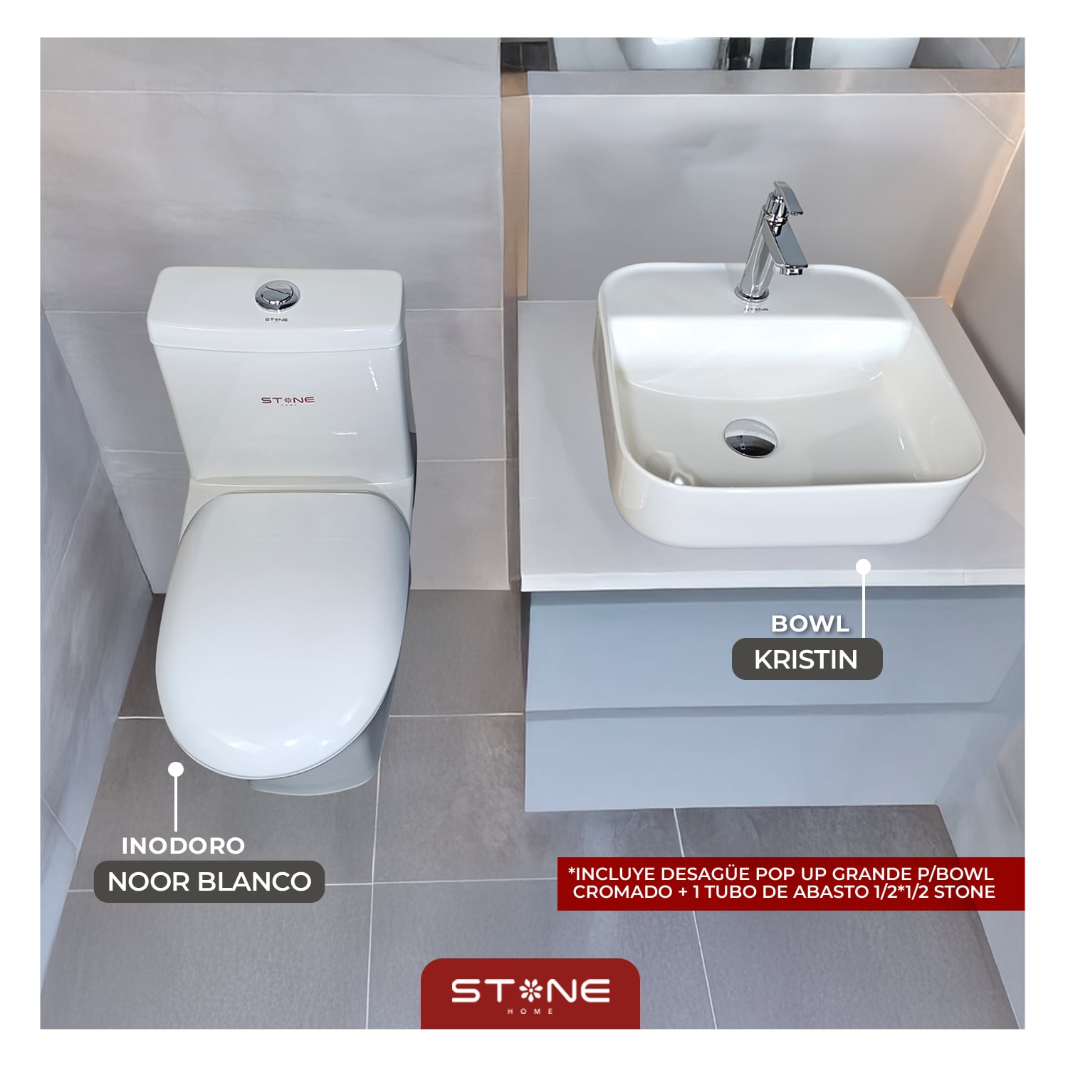 COMBO INODORO STONE HOME ONE PIECE MINIMALISTA NOOR BLANCO + BOWL KRISTIN BLANCO - 1