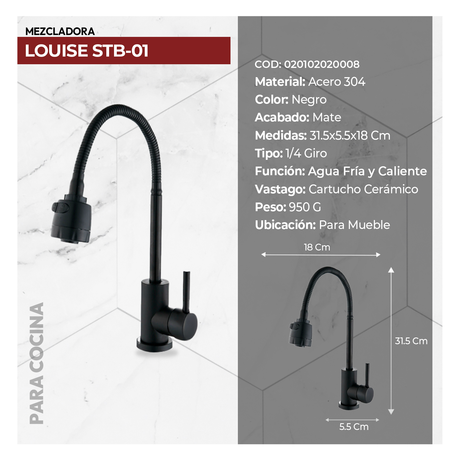 MEZCLADORA  P/COCINA  AL MUEBLE LOUISE STB-01 BLACK STONE - 2