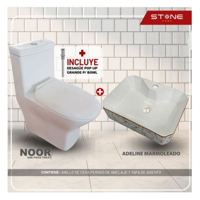 COMBO INODORO  MINIMALISTA NOOR BLANCO  BOWL ADELINE MARMOLEADO STONE - 1
