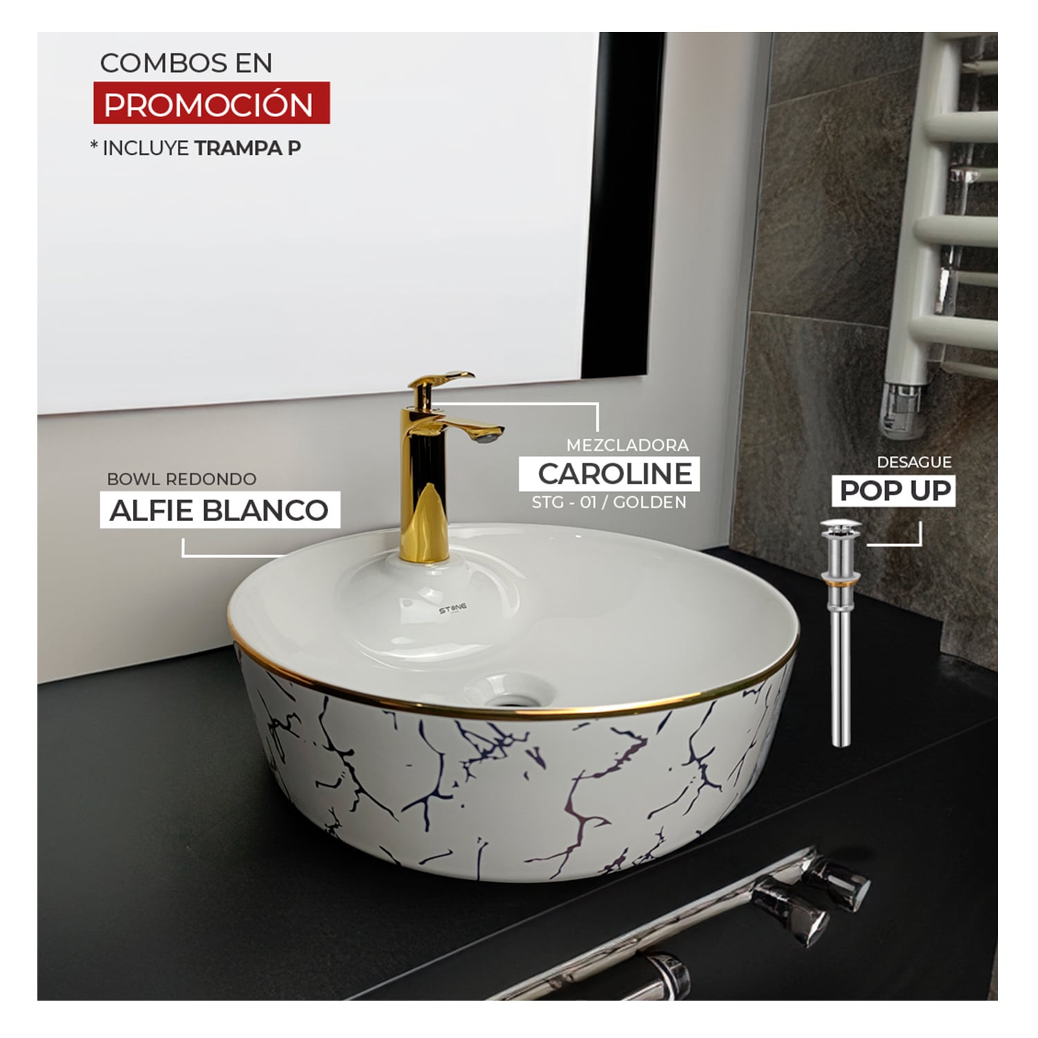 COMBO BOWL REDONDO ALFIE BLANCO STONE + MEZCLADORA CAROLINE STG-01 GOLDEN STONE + DESAGUE POP UP GRANDE S/REBOSE + TRAMPA STONE - 1