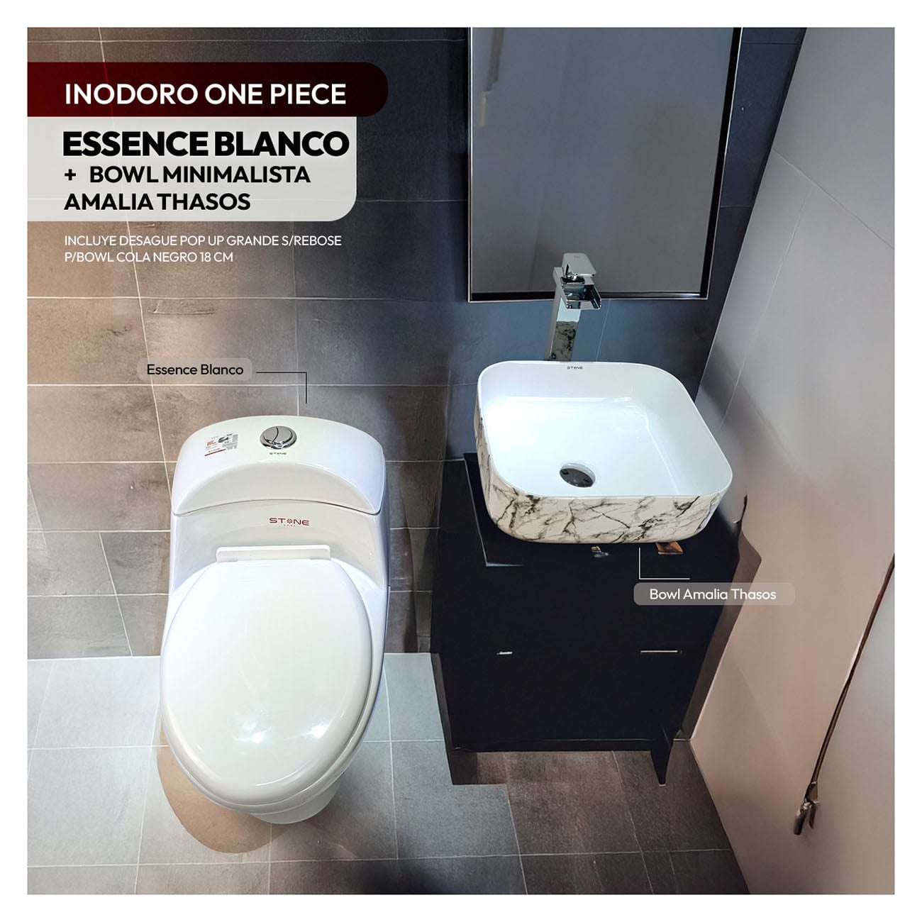 COMBO DE INODORO ESSENCE BLANCO STONE + BOWL AMALIA THASOS + DESAGUE POP UP - 1