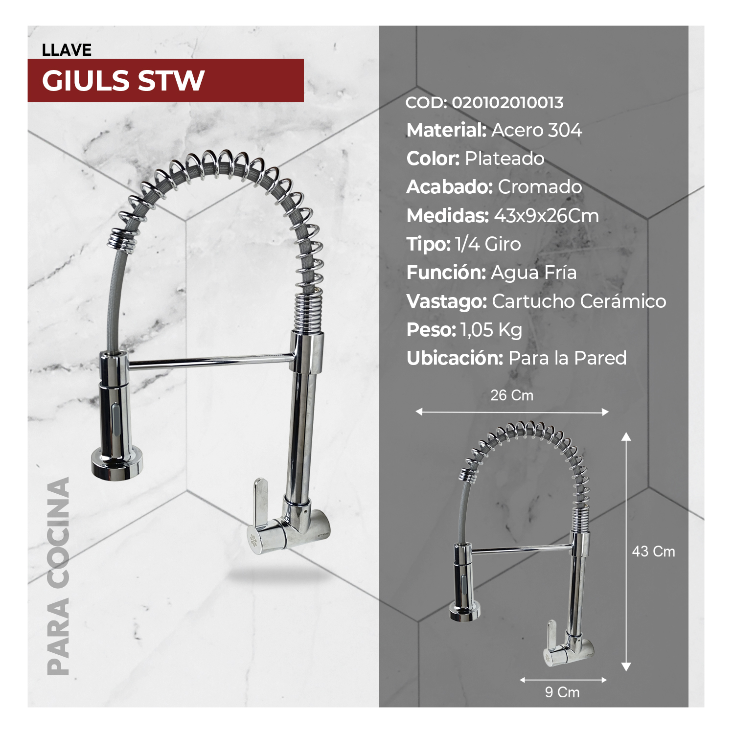 LLAVE DE COCINA A LA PARED GIULS STW-01 CROMADO STONE - 4