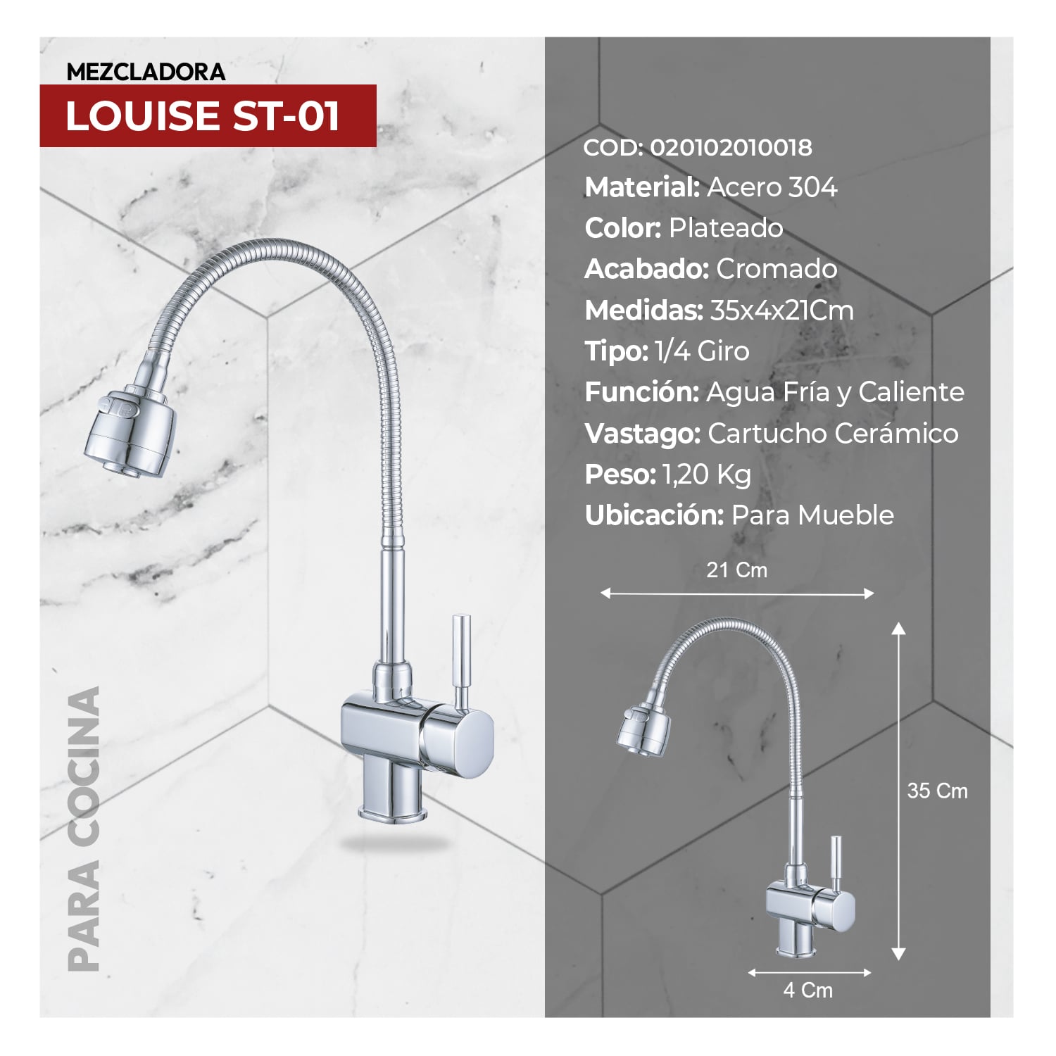 LLAVE MEZCLADORA PCOCINA AL MUEBLE LOUISE ST-01 CROMADO STONE - 4