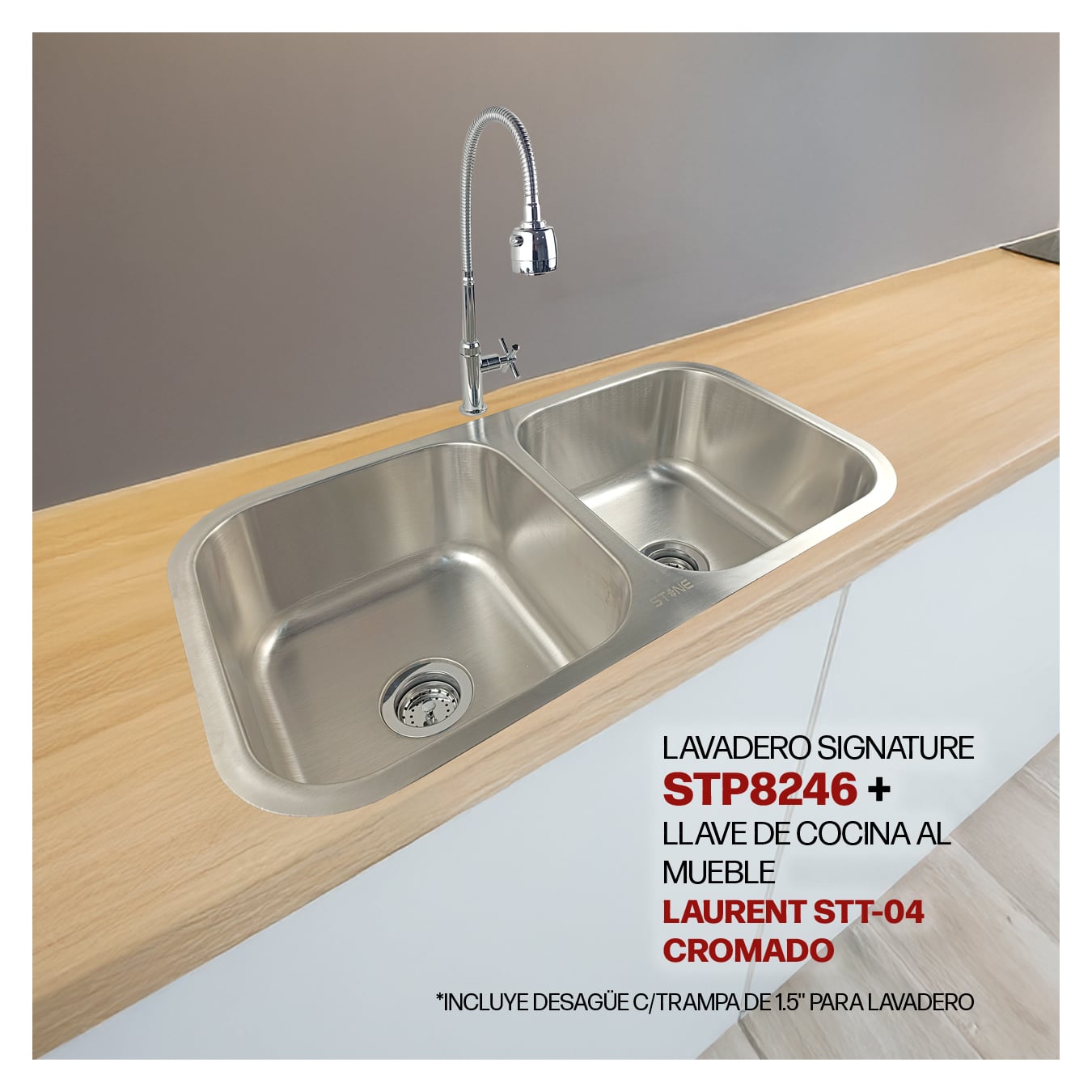 COMBO DE LAVADERO DE ACERO SIGNATURE STP8246 + DESAGÜE  C/TRAMPA DE 1.5' + LLAVE DE COCINA AL MUEBLE LAURENT STT-04 CROMADO STONE - 1
