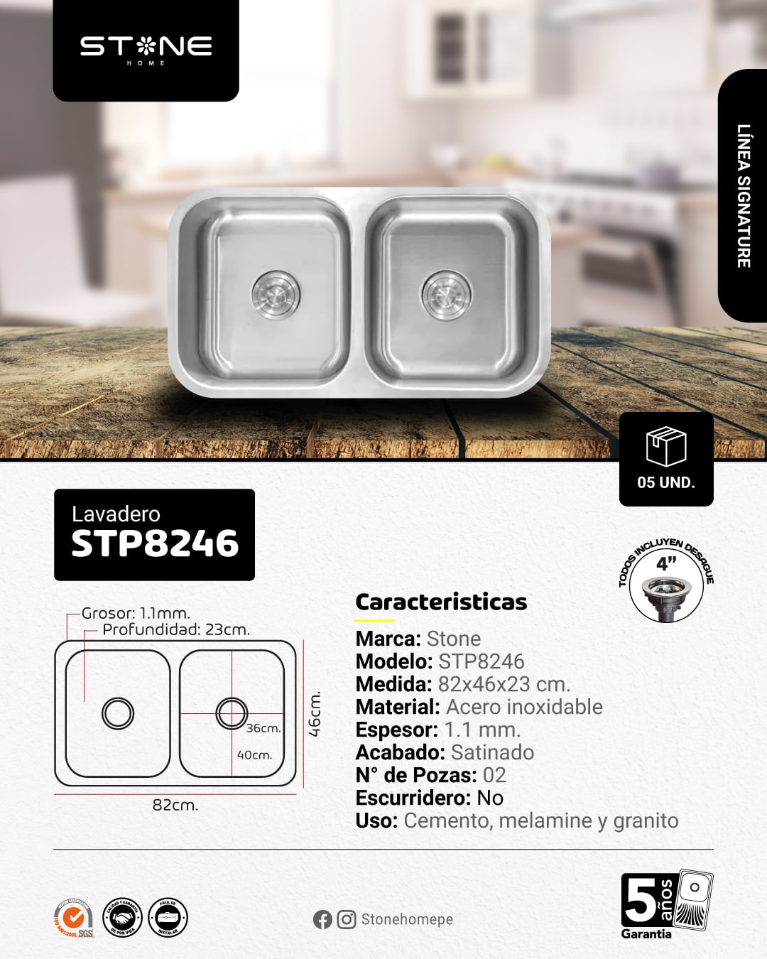COMBO DE LAVADERO DE ACERO SIGNATURE STP8246 + DESAGÜE  C/TRAMPA DE 1.5' + LLAVE DE COCINA AL MUEBLE LAURENT STT-04 CROMADO STONE - 2