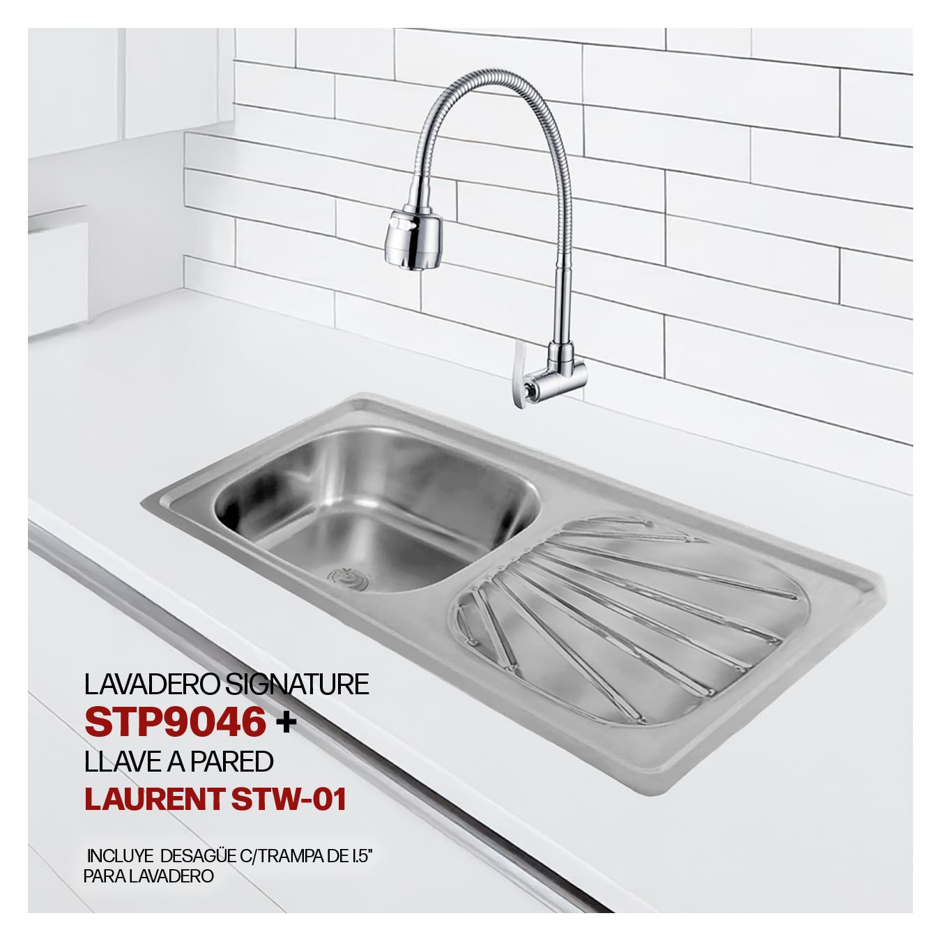 COMBO DE LAVADERO DE ACERO SINGATURE STP9046 + DESAGUE C/TRAMPA DE I.5' PARA LAVADERO + LLAVE A PARED LAURENT STW-01 STONE - 1