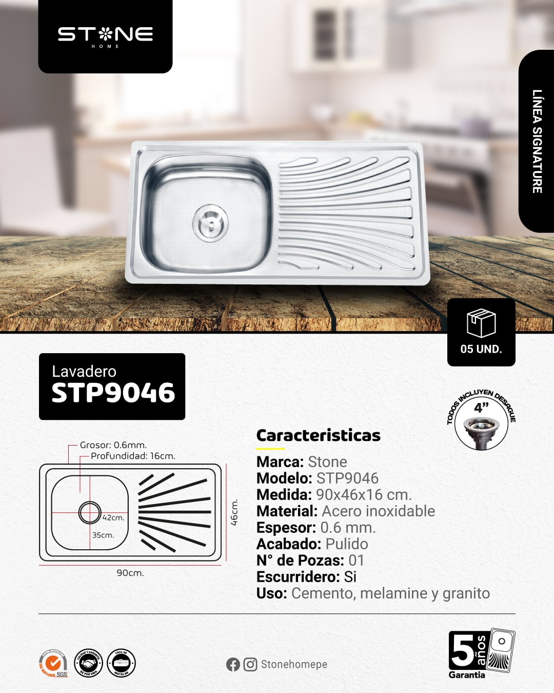 COMBO DE LAVADERO DE ACERO SINGATURE STP9046 + DESAGUE C/TRAMPA DE I.5' PARA LAVADERO + LLAVE A PARED LAURENT STW-01 STONE - 2