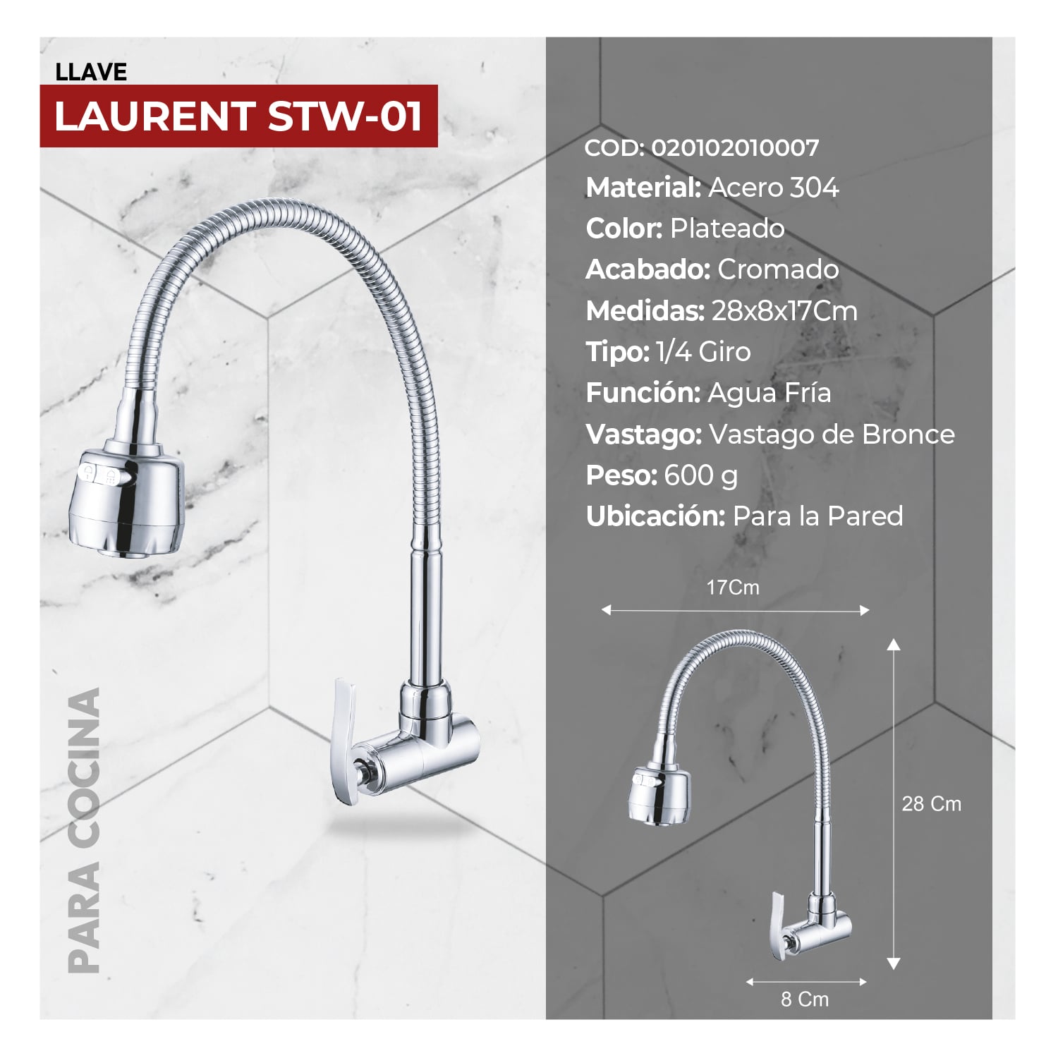 COMBO DE LAVADERO DE ACERO SINGATURE STP9046 + DESAGUE C/TRAMPA DE I.5' PARA LAVADERO + LLAVE A PARED LAURENT STW-01 STONE - 4