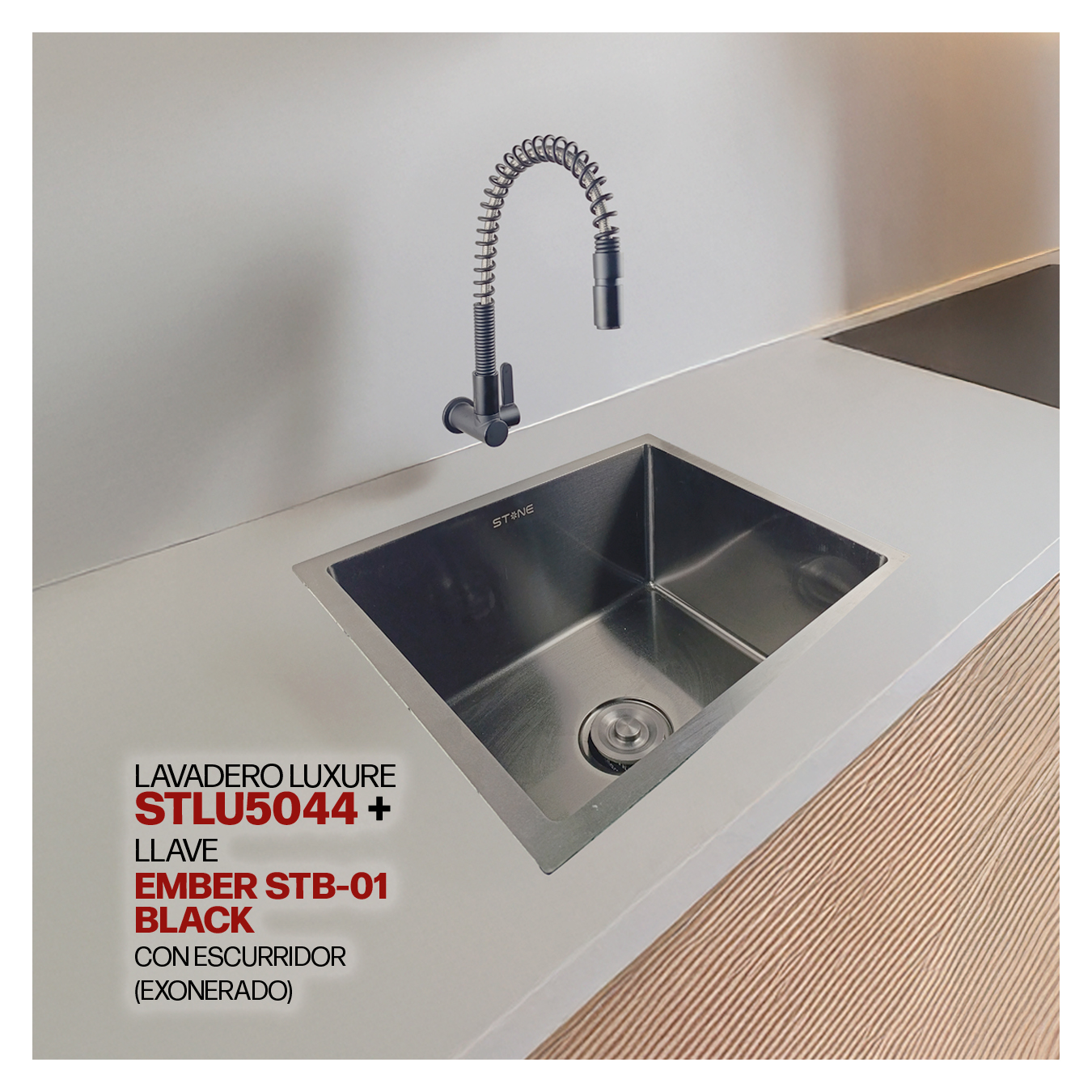 COMBO LAVADERO LUXURE STLU5044 + LLAVE EMBER STB-01 BLACK CON ESCURRIDOR (EXONERADO) - 1