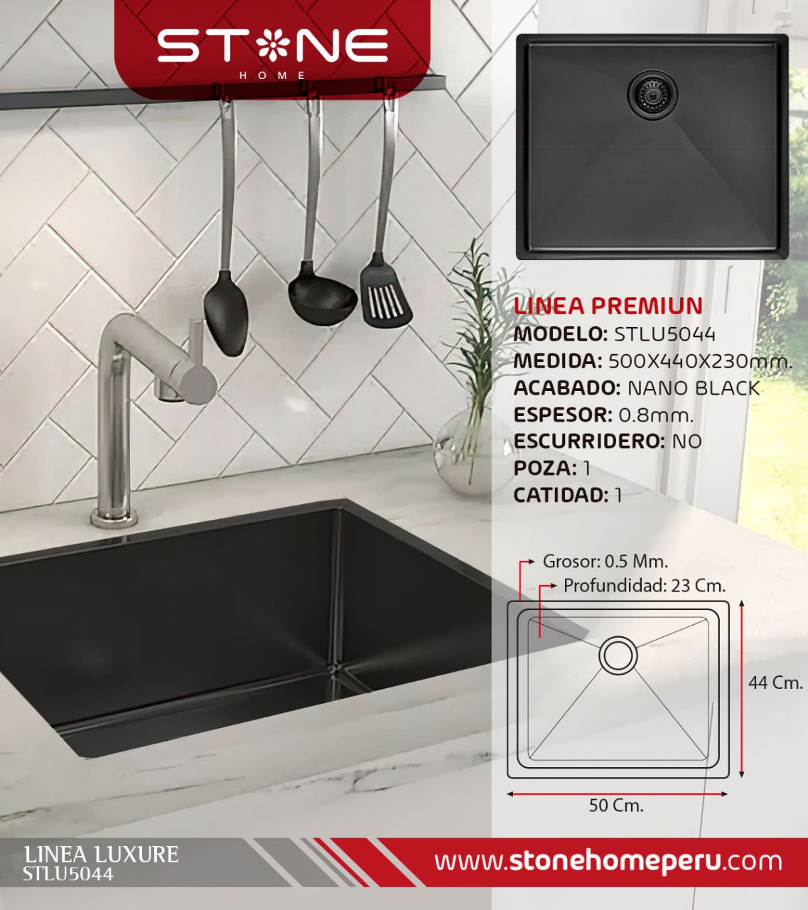 COMBO LAVADERO LUXURE STLU5044 + LLAVE EMBER STB-01 BLACK CON ESCURRIDOR (EXONERADO) - 2