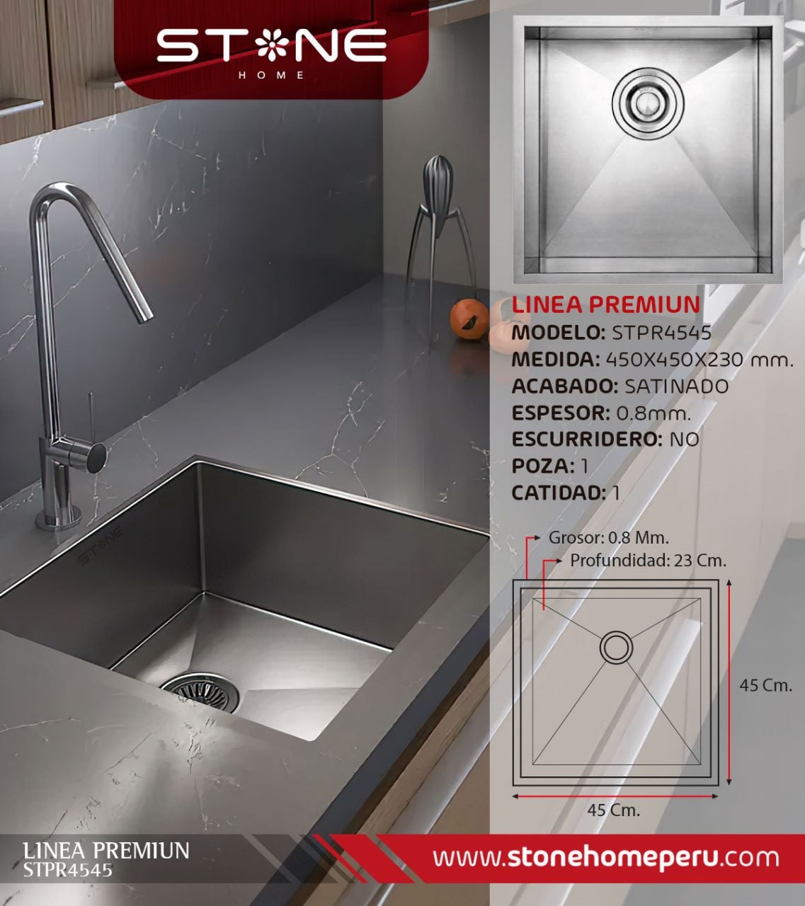 COMBO LAVADERO PREMIUM STPR4545 + LLAVE EMBER ST-01 CON ESCURRIDOR (EXONERADO) - 2