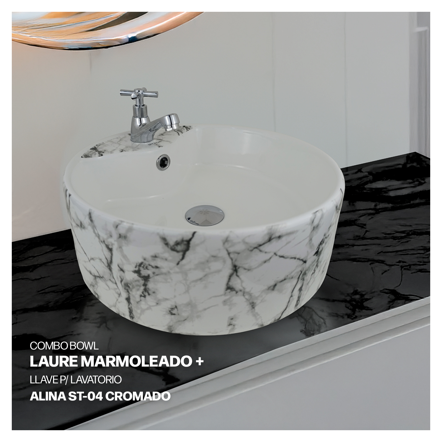COMBO BOWL LAURE MARMOLEADO + LLAVE P/ LAVATORIO ALINA ST-04 CROMADO STONE + DESAGUE POP UP GRANDE C/TRAMPA CORRUGADA PVC BLANCO - 1