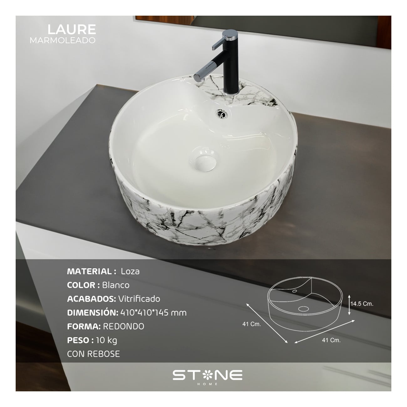 COMBO BOWL LAURE MARMOLEADO + LLAVE P/ LAVATORIO ALINA ST-04 CROMADO STONE + DESAGUE POP UP GRANDE C/TRAMPA CORRUGADA PVC BLANCO - 2
