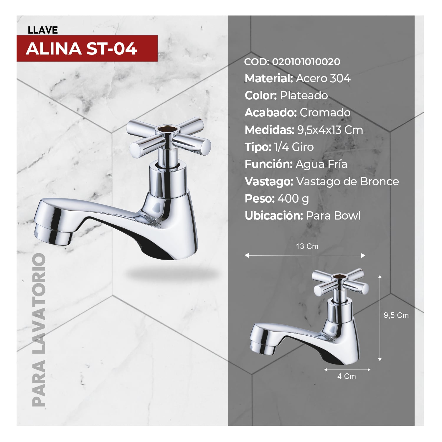 COMBO BOWL LAURE MARMOLEADO + LLAVE P/ LAVATORIO ALINA ST-04 CROMADO STONE + DESAGUE POP UP GRANDE C/TRAMPA CORRUGADA PVC BLANCO - 4