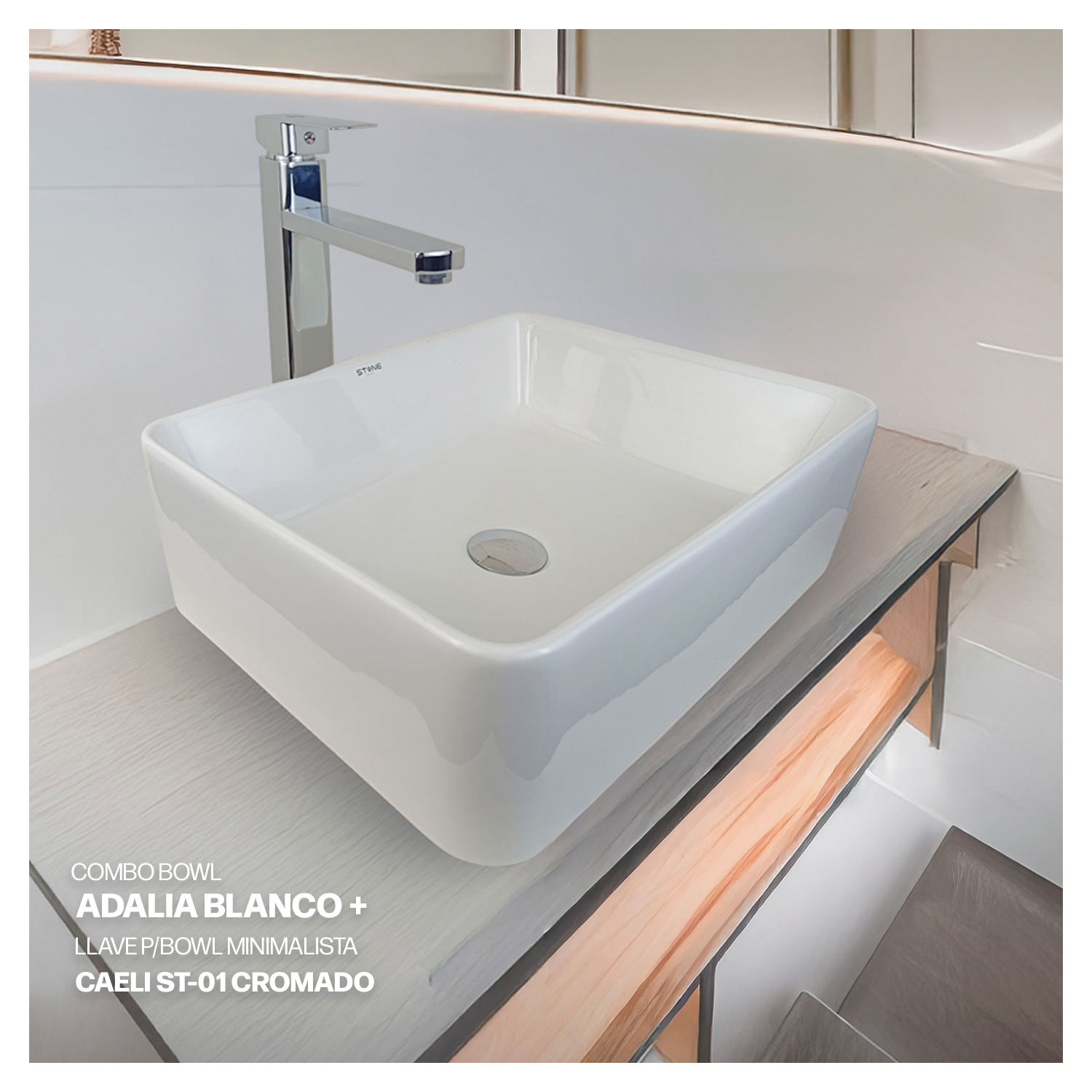 COMBO BOWL ADALIA BLANCO STONE + LLAVE P/BOWL MINIMALISTA CAELI ST-01 CROMADO STONE + DESAGUE POP UP GRANDE C/TRAMPA CORRUGADA PV - 1