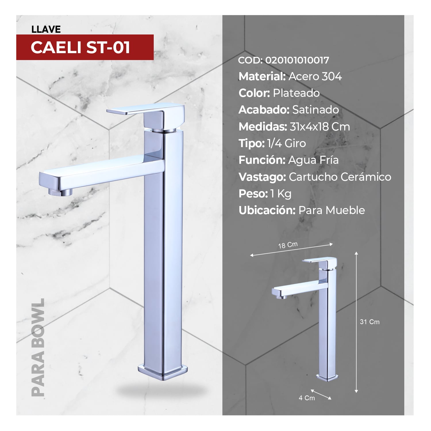 COMBO BOWL ADALIA BLANCO STONE + LLAVE P/BOWL MINIMALISTA CAELI ST-01 CROMADO STONE + DESAGUE POP UP GRANDE C/TRAMPA CORRUGADA PV - 4