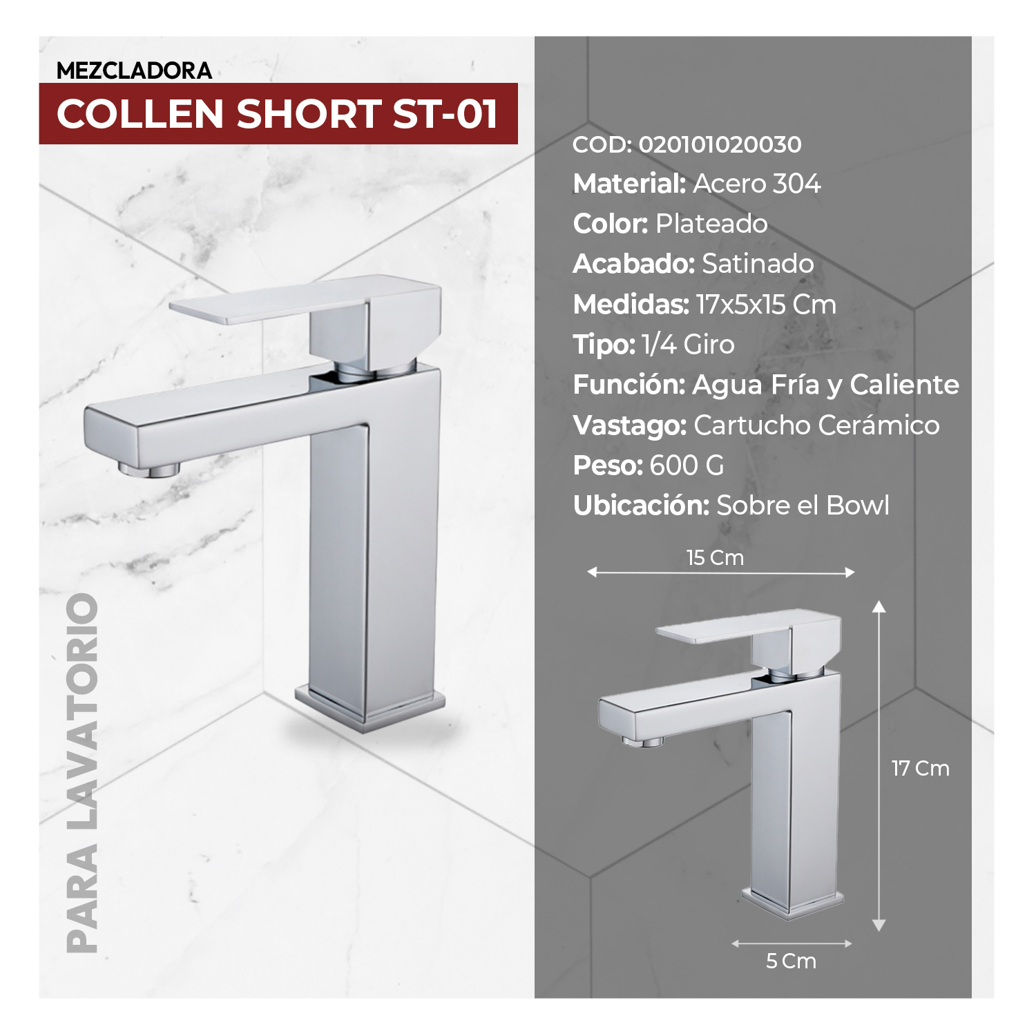 MEZCLADORA MONOCOMANDO PBOWL COLLEN SHORT ST-01 CROMADO STONE - 3