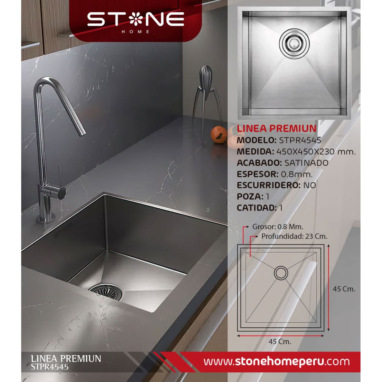 COMBO DE LAVADERO DE ACERO PREMIUM STPR4545 + ANGELI ST-01 CON ESCURRIDOR (EXONERADO) - 2