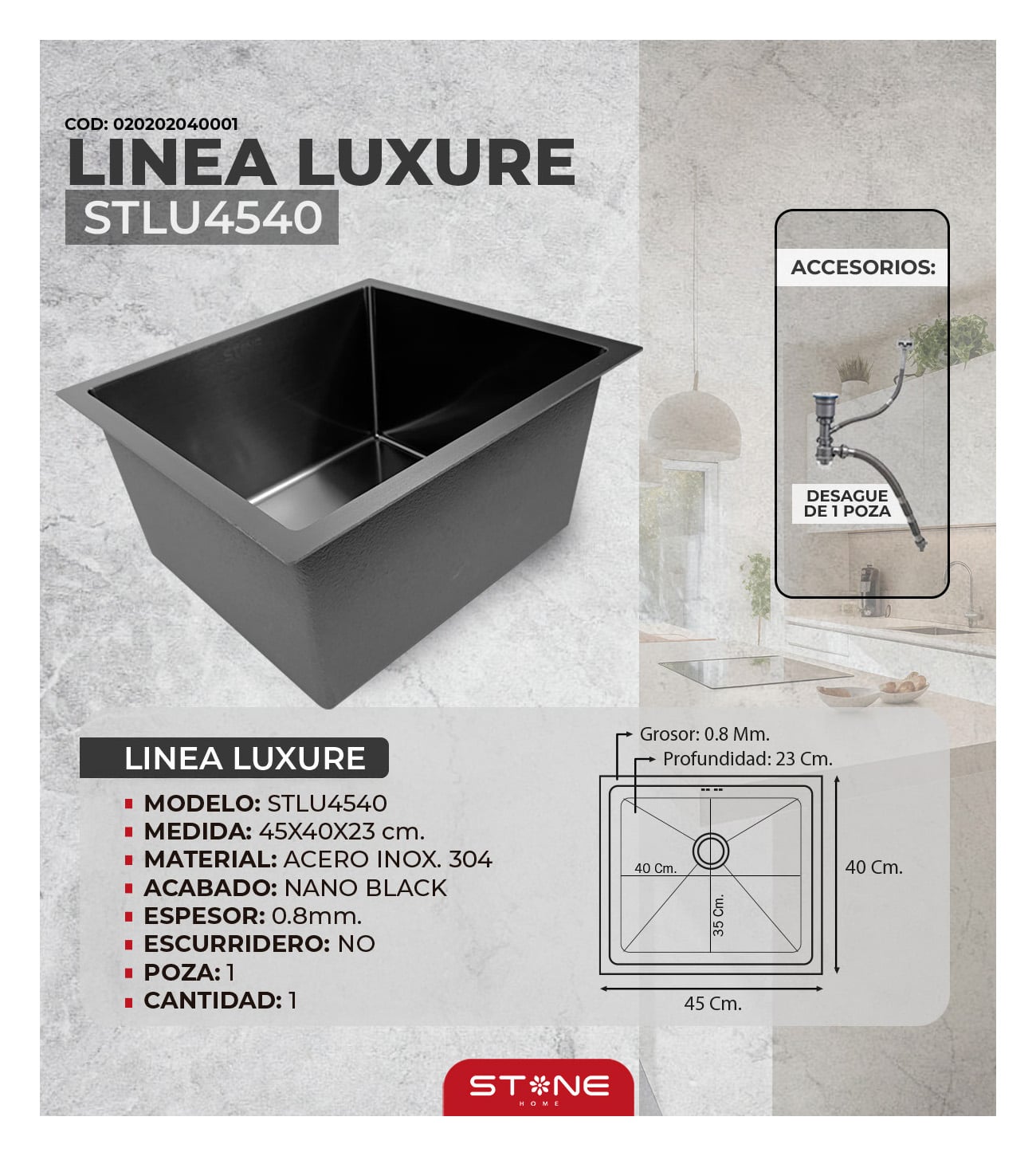 COMBO LAVADERO LUXURE STLU4540 + CAMILE STB-01 CON ESCURRIDOR (EXONERADO) - 2