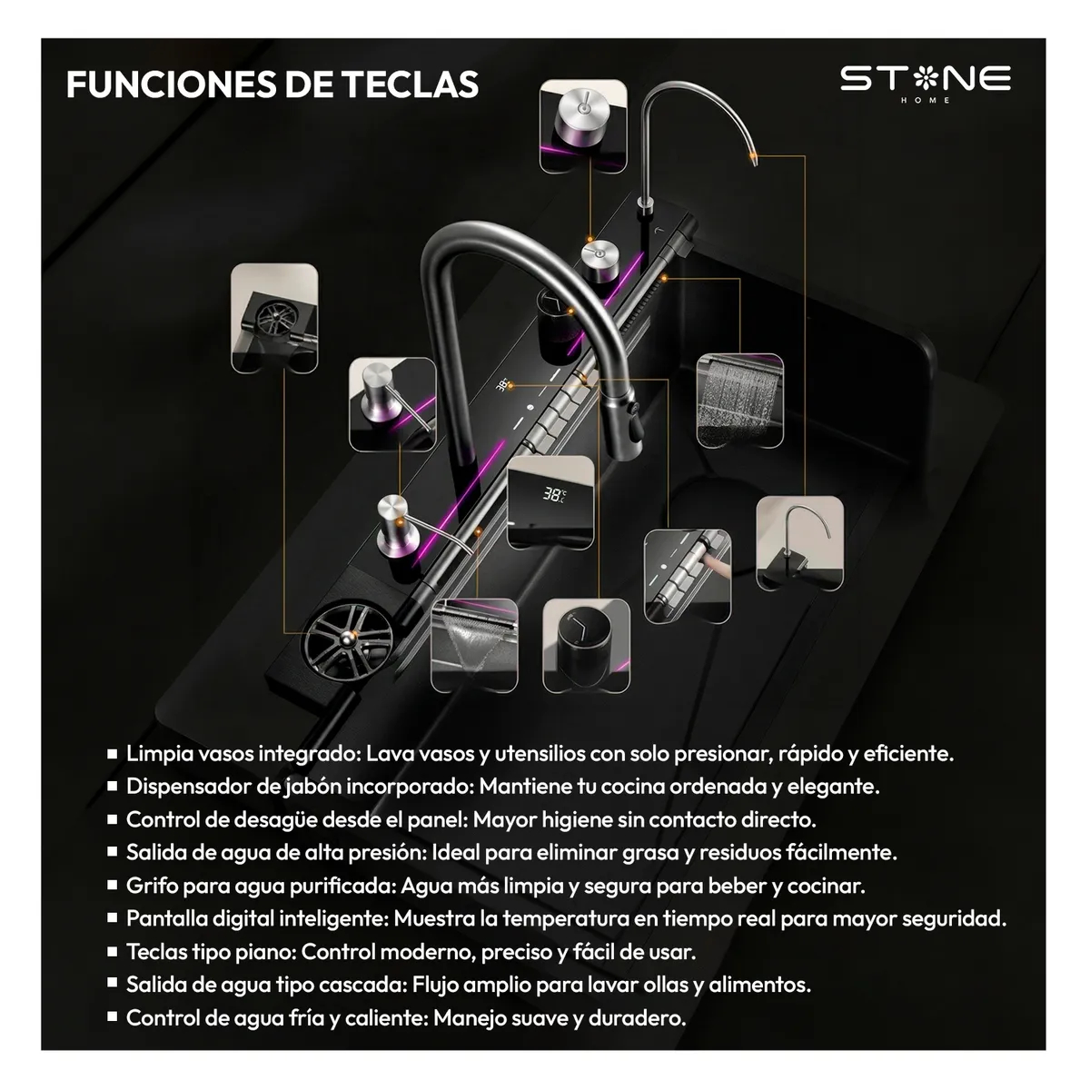 LAVADERO MULTIFUNCIONAL CON 9 FUNCIONES LUXURE STLU7546 DE 7 TECLAS STONE - 7