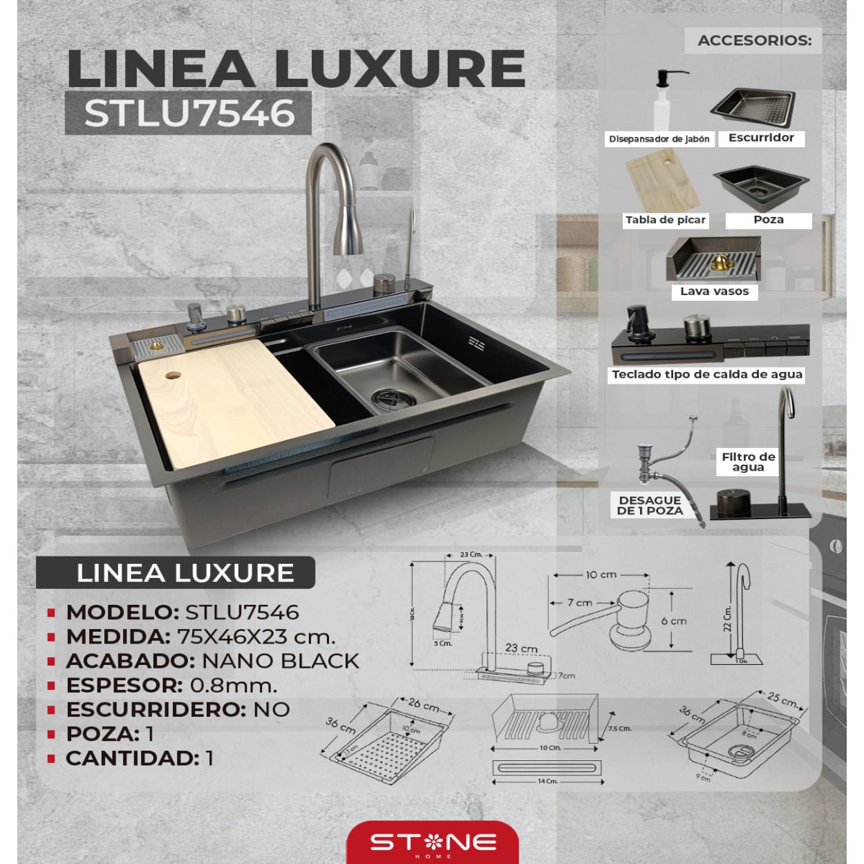 LAVADERO MULTIFUNCIONAL CON 7 FUNCIONES LUXURE STPR7546B DE 5 TECLAS STONE - 2