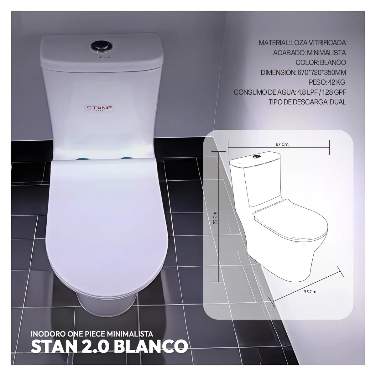 INODORO ONE PIECE MINIMALISTA STAN 2.0 BLANCO STONE - 3