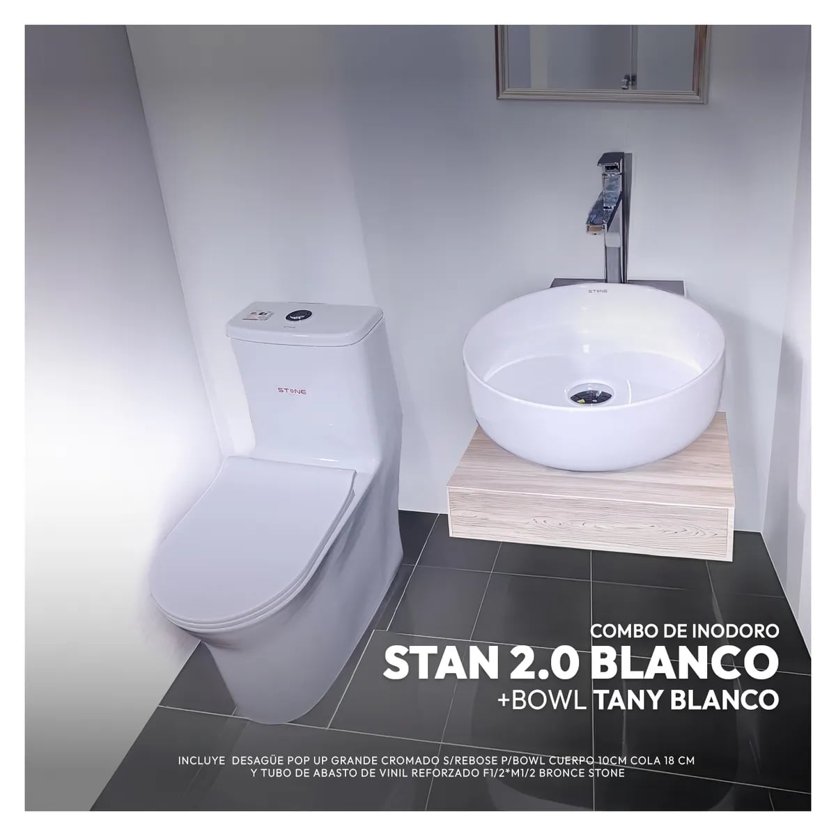 COMBO DE INODORO STAN 2.0 BLANCO + BOWL TANY BLANCO + DESAGUE POP UP GRANDE CROMADO S/REBOSE P/BOWL - 1