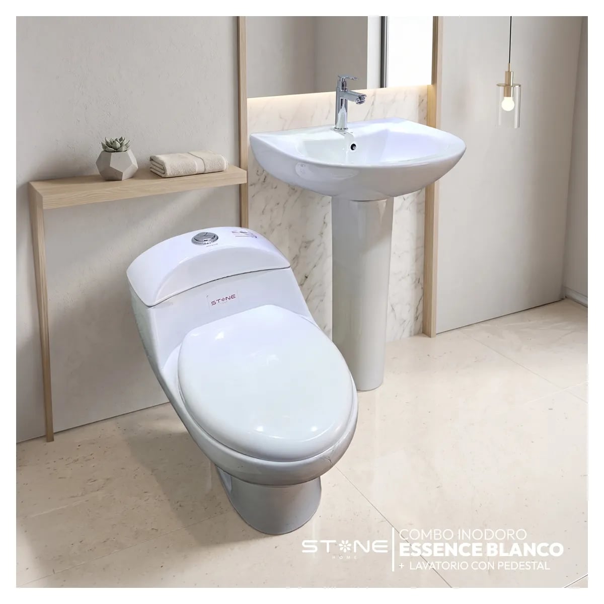 COMBO DE INODORO ESSENCE BLANCO + LAVATORIO DE 22 C/ PEDESTAL BLANCO STONE - 1