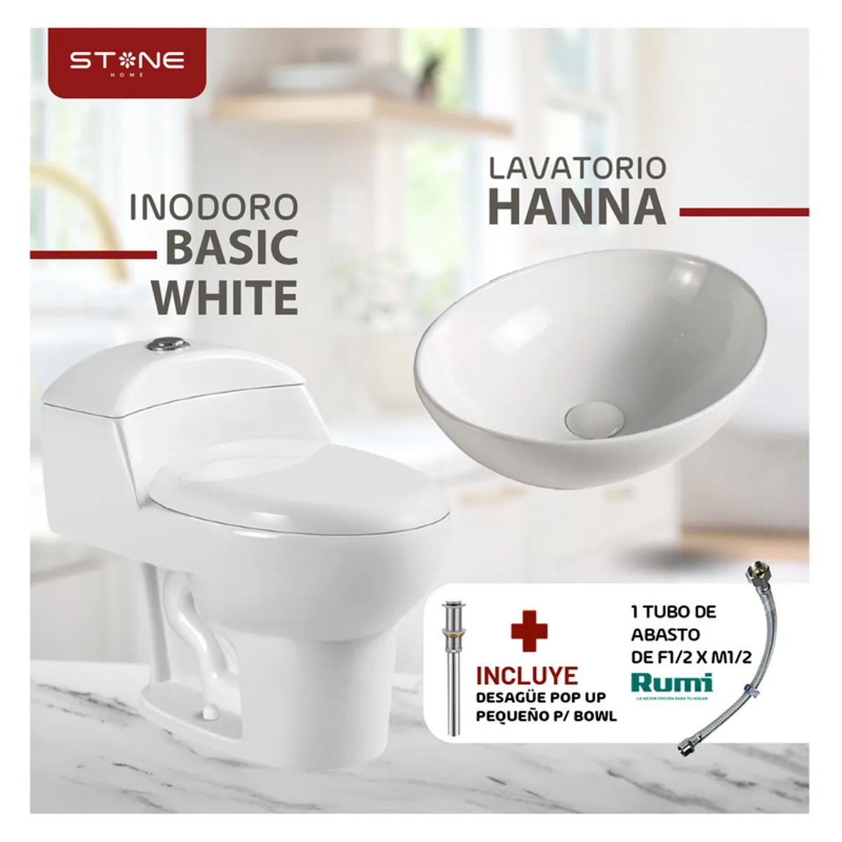 COMBO INODORO ONE PIECE ESSENCE BLANCO + BOWL HANNA BLANCO STONE + DESAGUE PUP UP GRANDE + 1 TUBO DE ABASTO 1/2*1/2 RUMI - 3