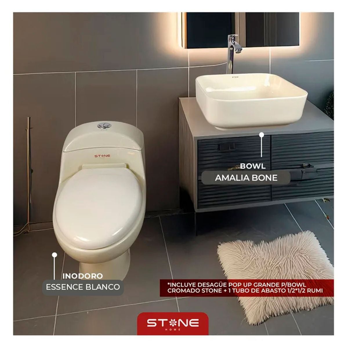 COMBO INODORO ONE PIECE ESSENCE BONE + BOWL AMALIA BONE STONE + DESAGUE POP UP GRANDE + 1 TUBO DE ABASTO 1/2*1/2 RUMI - 1