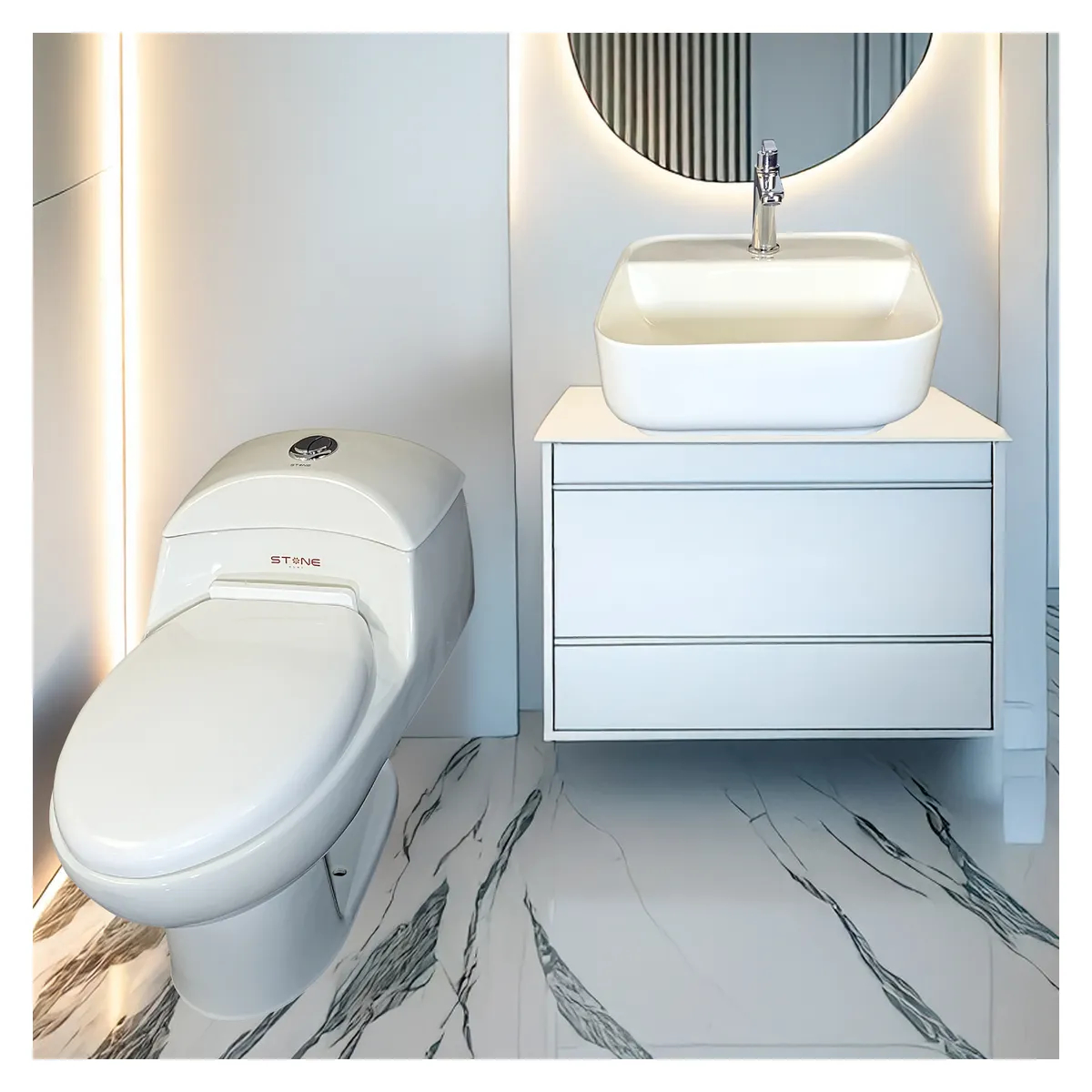 COMBO INODORO ONE PIECE ESSENCE BLANCO + BOWL KRISTIN BLANCO STONE + DESAGUE POP UP GRANDE + 1 TUBO DE ABASTO 1/2*1/2 RUMI - 2