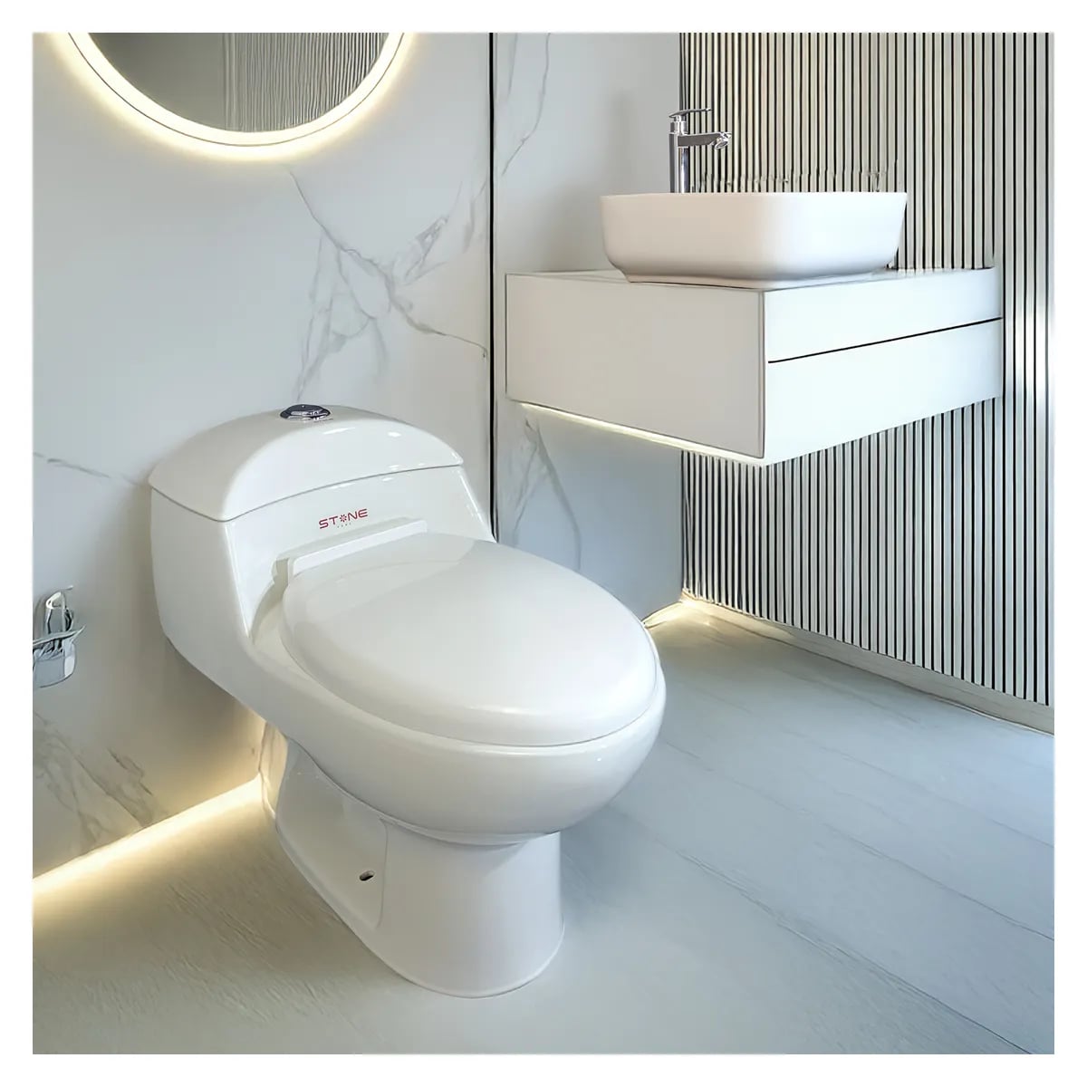 COMBO INODORO ONE PIECE ESSENCE BLANCO + BOWL KRISTIN BLANCO STONE + DESAGUE POP UP GRANDE + 1 TUBO DE ABASTO 1/2*1/2 RUMI - 3