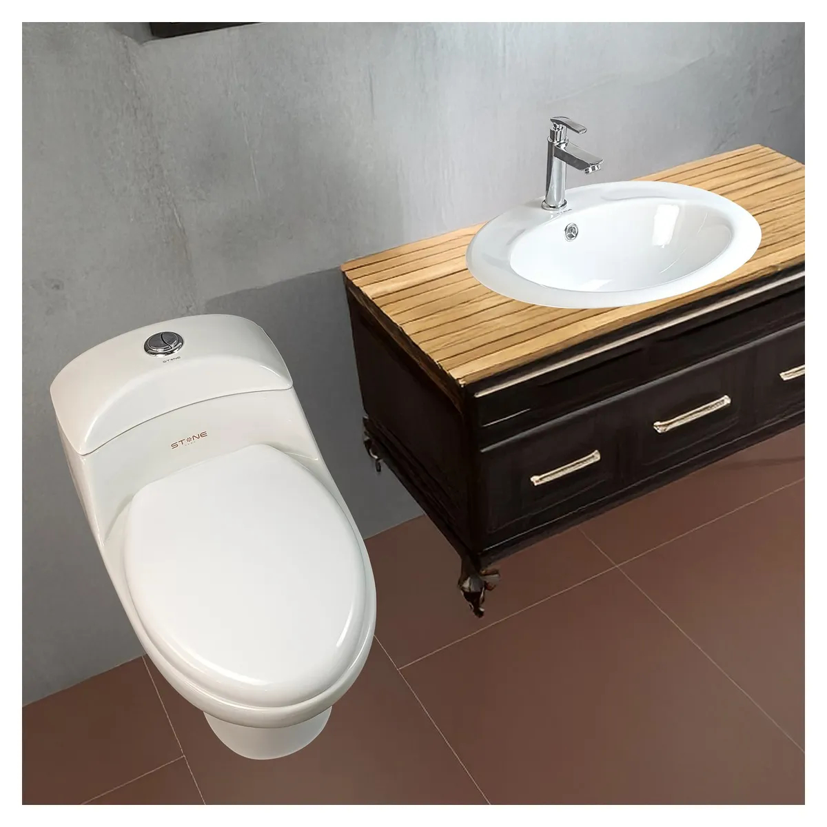 COMBO INODORO ONE PIECE ESSENCE BLANCO + BOWL ANTON BLANCO STONE + DESAGUE PUP UP GRANDE + 1 TUBO DE ABASTO 1/2*1/2 RUMI - 3