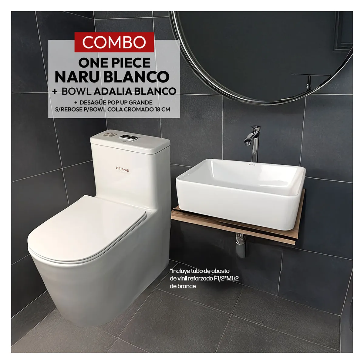COMBO INODORO ONE PIECE NARU BLANCO + BOWL ADALIA BLANCO STONE + DESAGUE POP UP GRANDE P/BOWL CROMADO STONE - 1