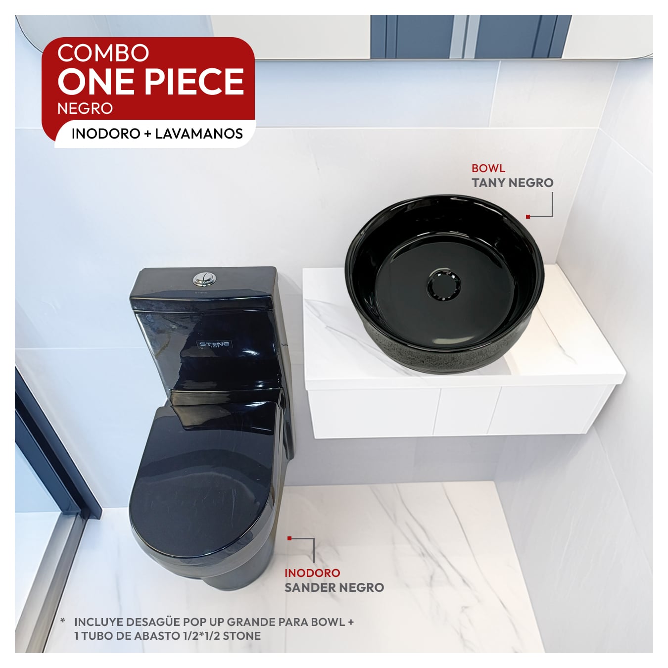 COMBO INODORO SANDER NEGRO + BOWL TANY BLACK STONE + DESAGUE POP UP GRANDE P/BOWL CROMADO STONE - 1