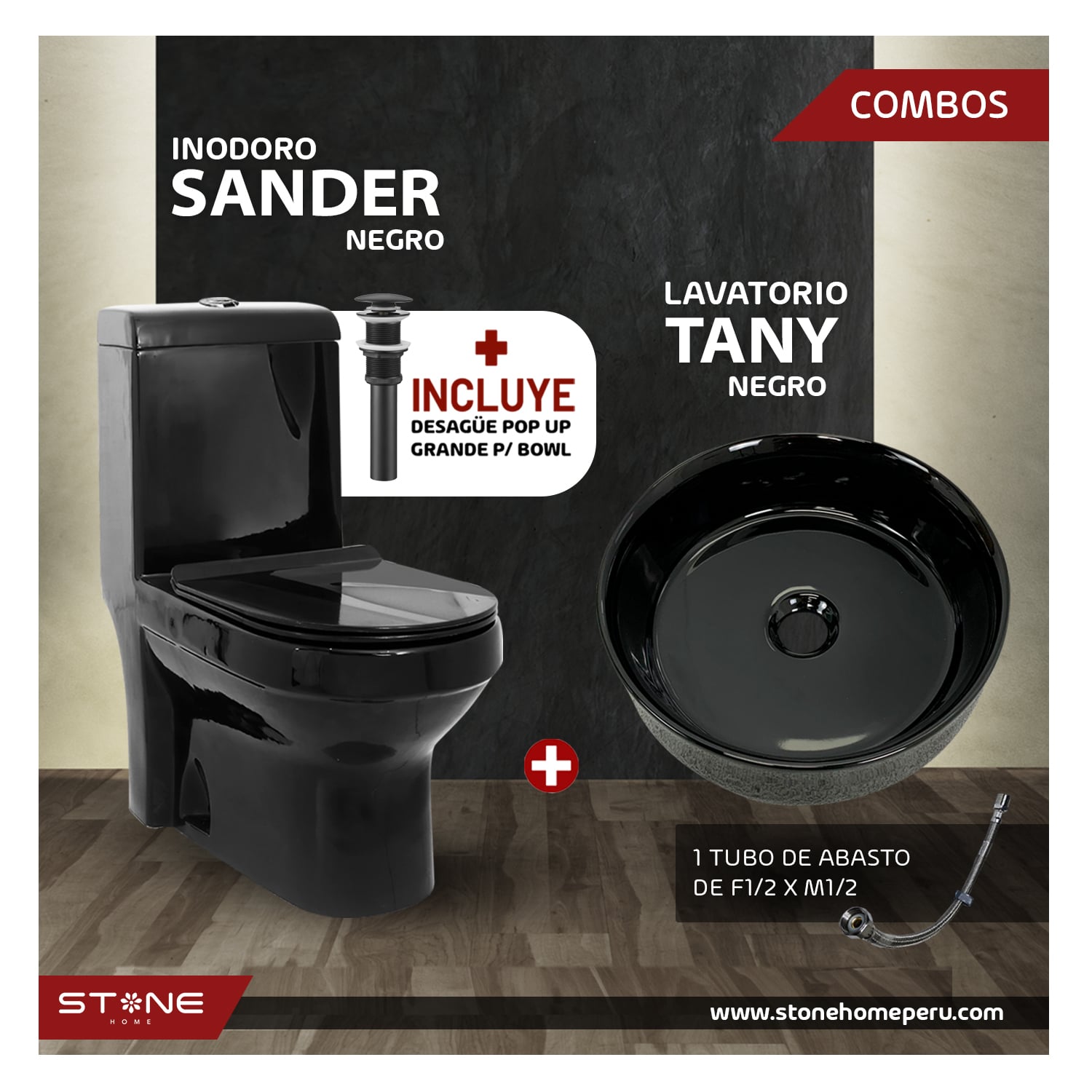 COMBO INODORO SANDER NEGRO + BOWL TANY BLACK STONE + DESAGUE POP UP GRANDE P/BOWL CROMADO STONE - 2